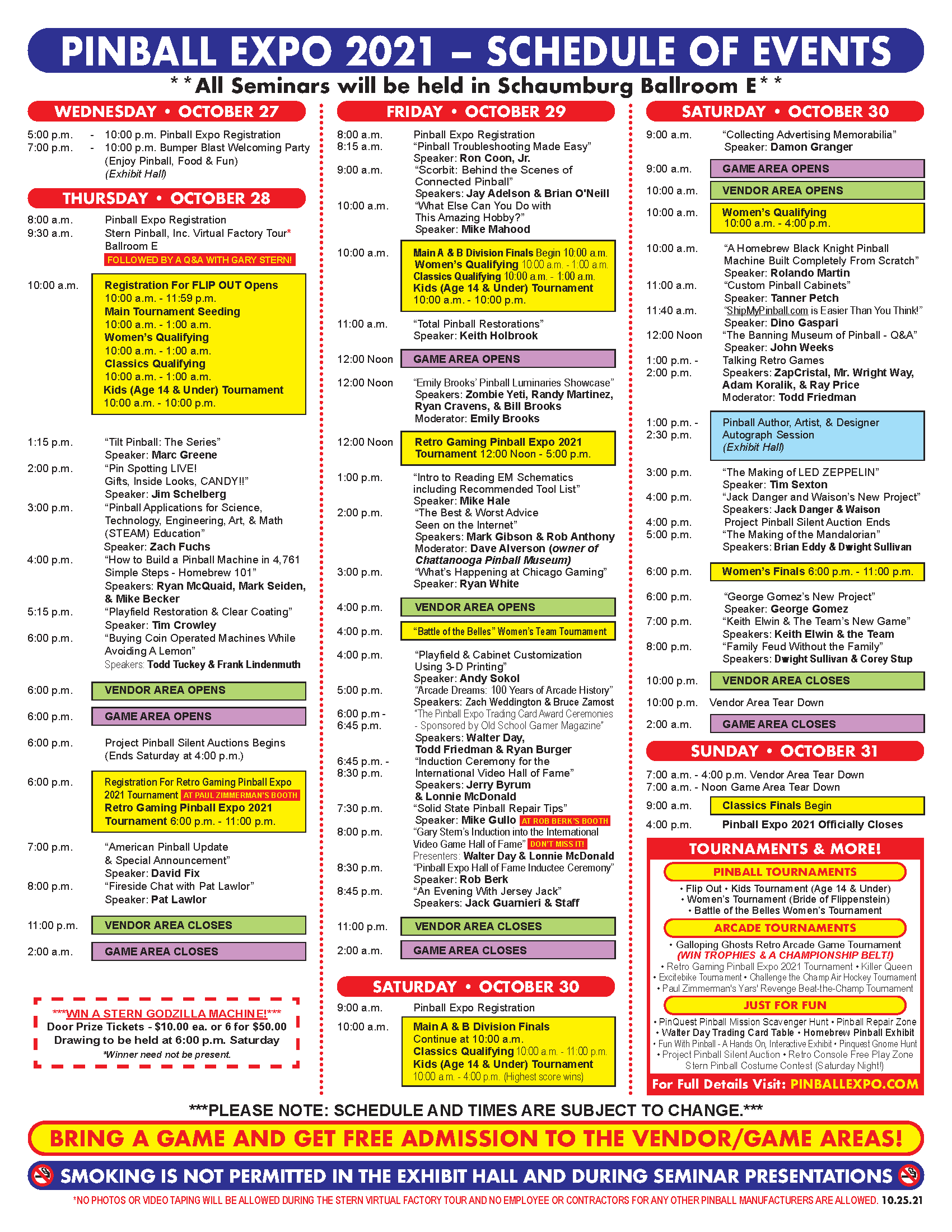 Pinball Expo 2021 Schedule (10.25.21)
